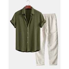 Waffle Button Up Shirt & Straight Leg Linen Pants - 2 Piece Summer Outfit