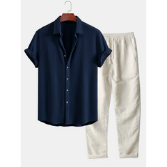 Waffle Button Up Shirt & Straight Leg Linen Pants - 2 Piece Summer Outfit