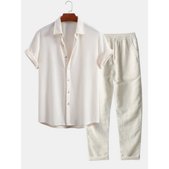 Waffle Button Up Shirt & Straight Leg Linen Pants - 2 Piece Summer Outfit