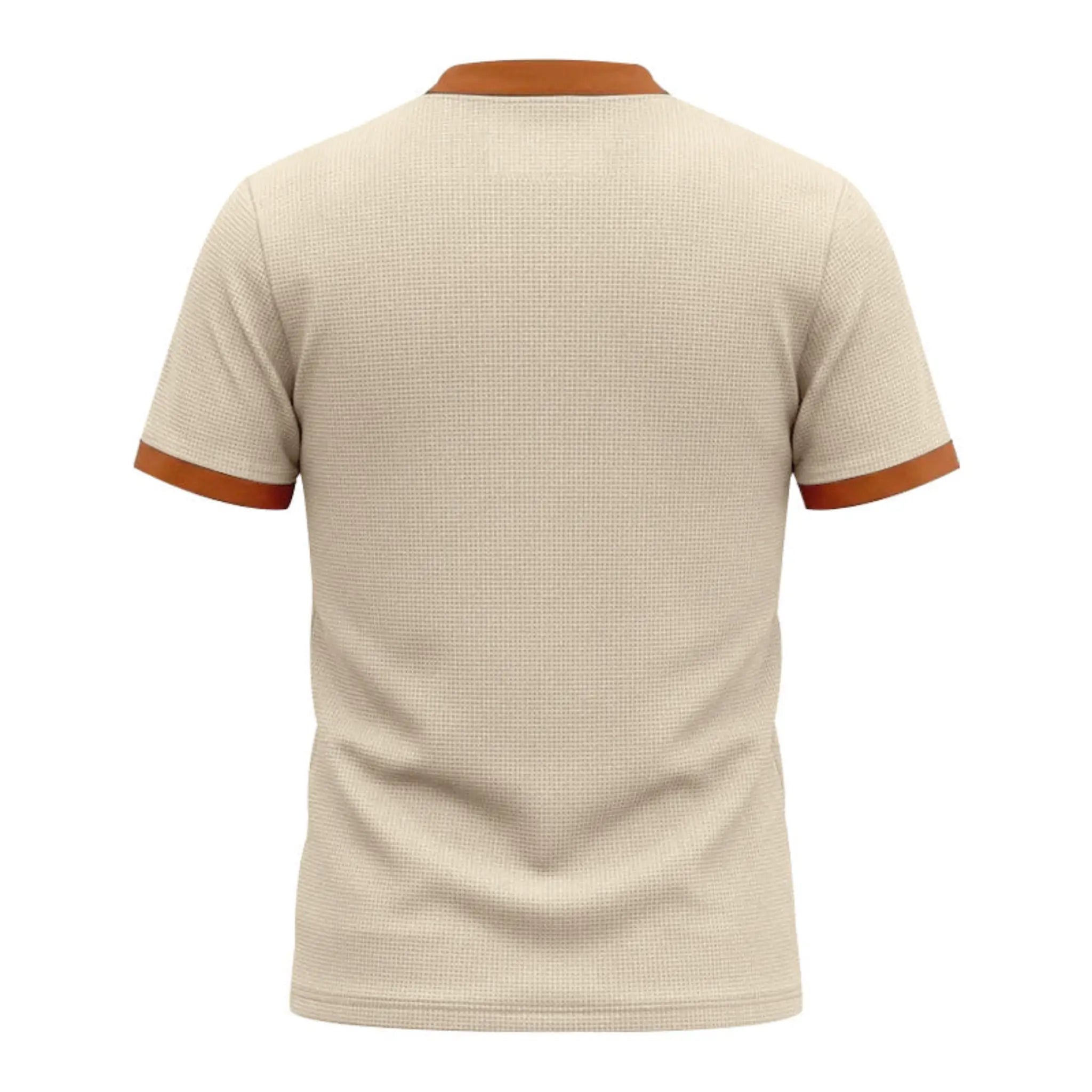 MannerCo apricot waffle knit color-block pullover back view with orange stand collar and sleeve trim