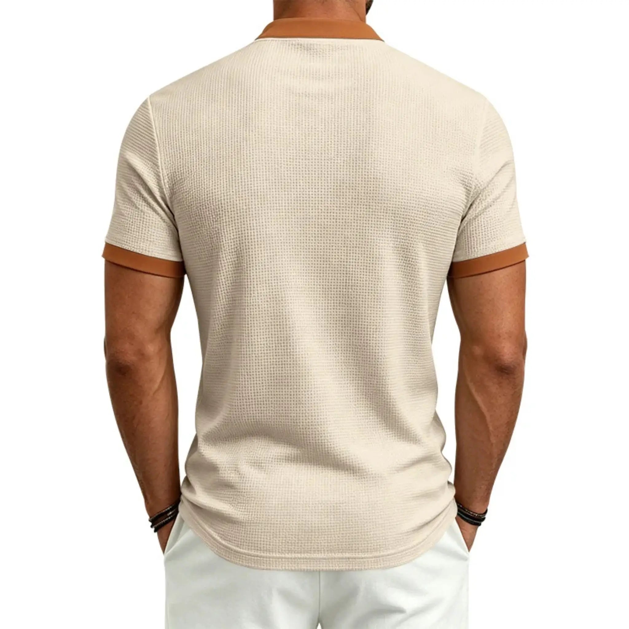 MannerCo apricot waffle knit color-block polo back view with tan collar and sleeve trim
