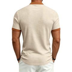 MannerCo apricot waffle knit color-block polo back view with tan collar and sleeve trim