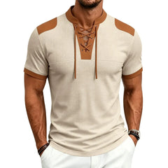 MannerCo apricot waffle knit color-block pullover with tan lace-up collar and shoulder panels, short sleeves
