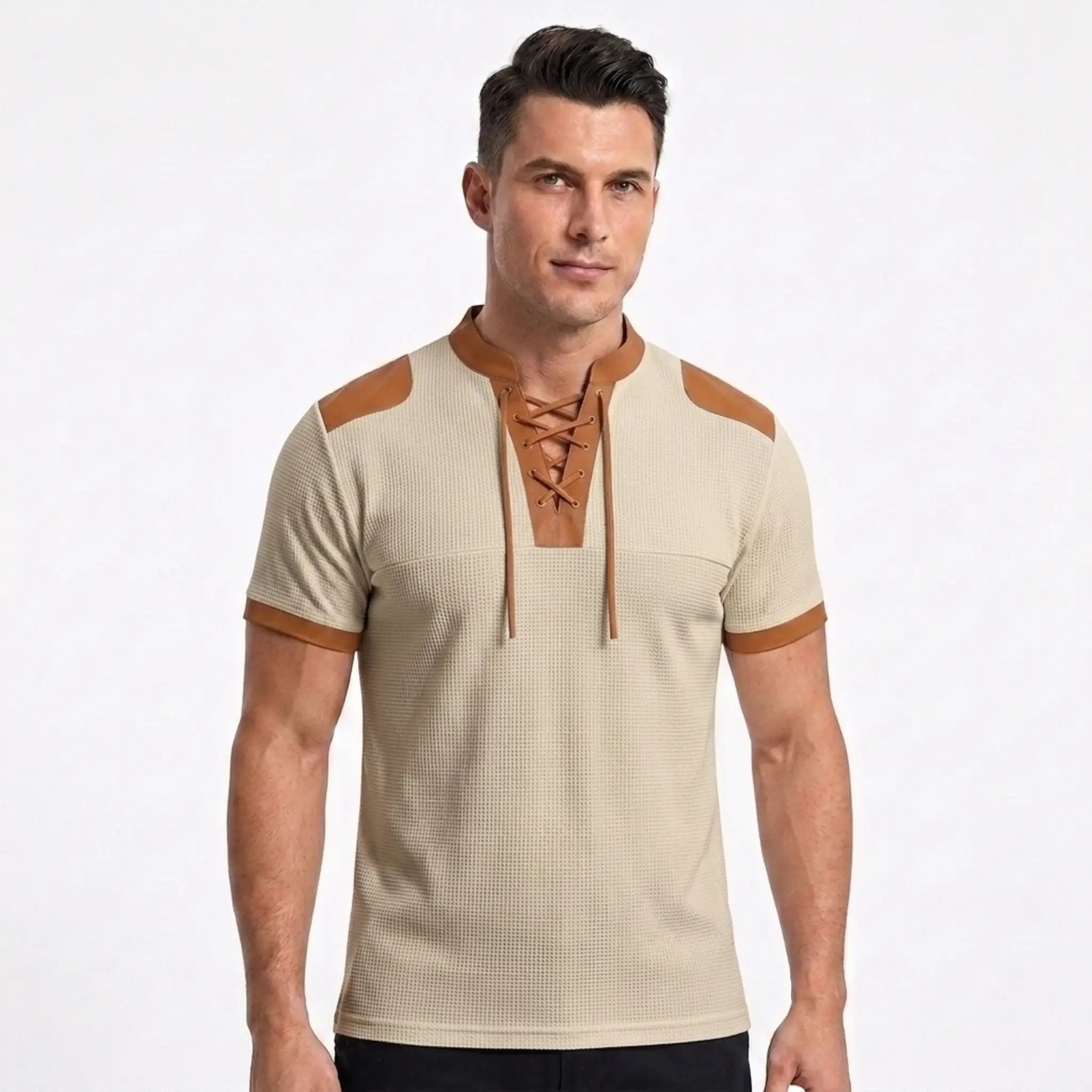 MannerCo apricot waffle knit lace-up pullover with tan leather trim, stand collar, short sleeves, front view