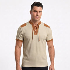 MannerCo apricot waffle knit lace-up pullover with tan leather trim, stand collar, short sleeves, front view