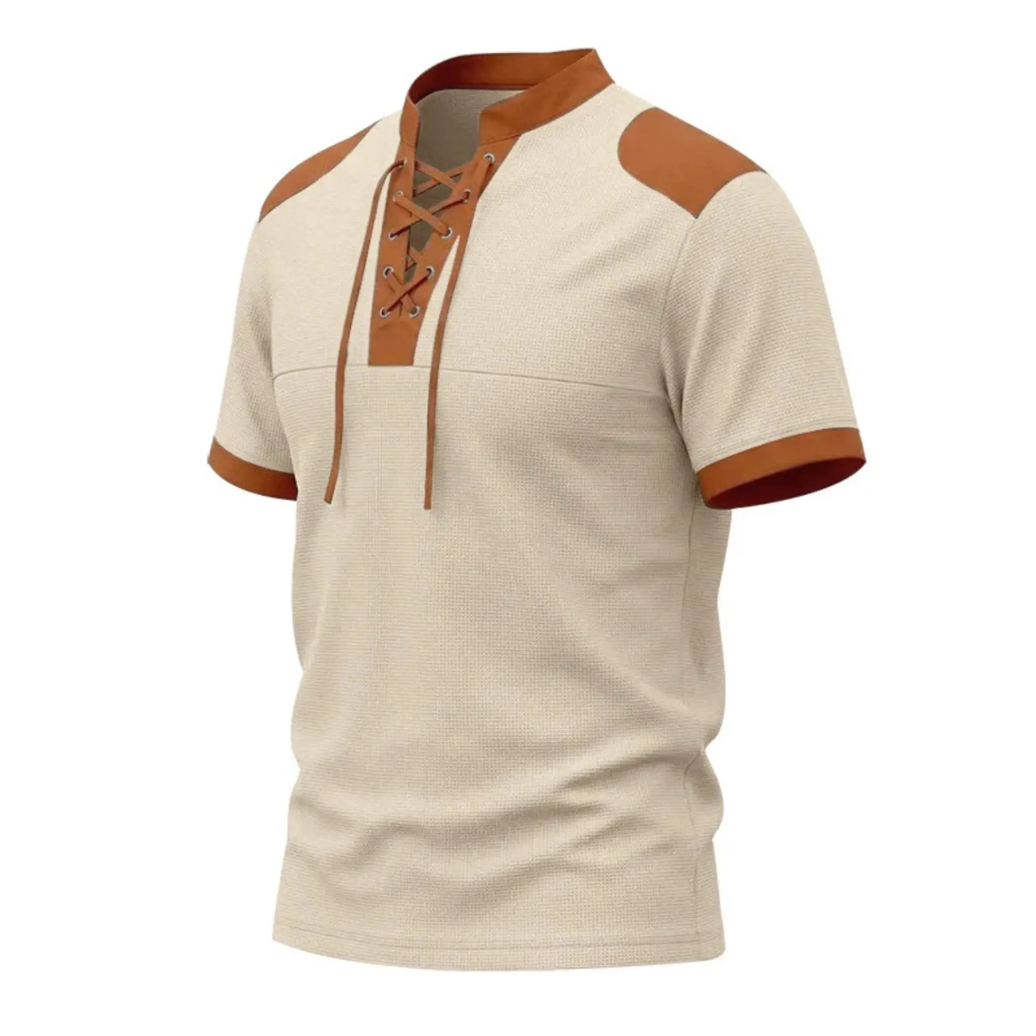 MannerCo apricot waffle knit pullover with brown lace-up collar, shoulder patches, and contrast sleeve cuffs, product display