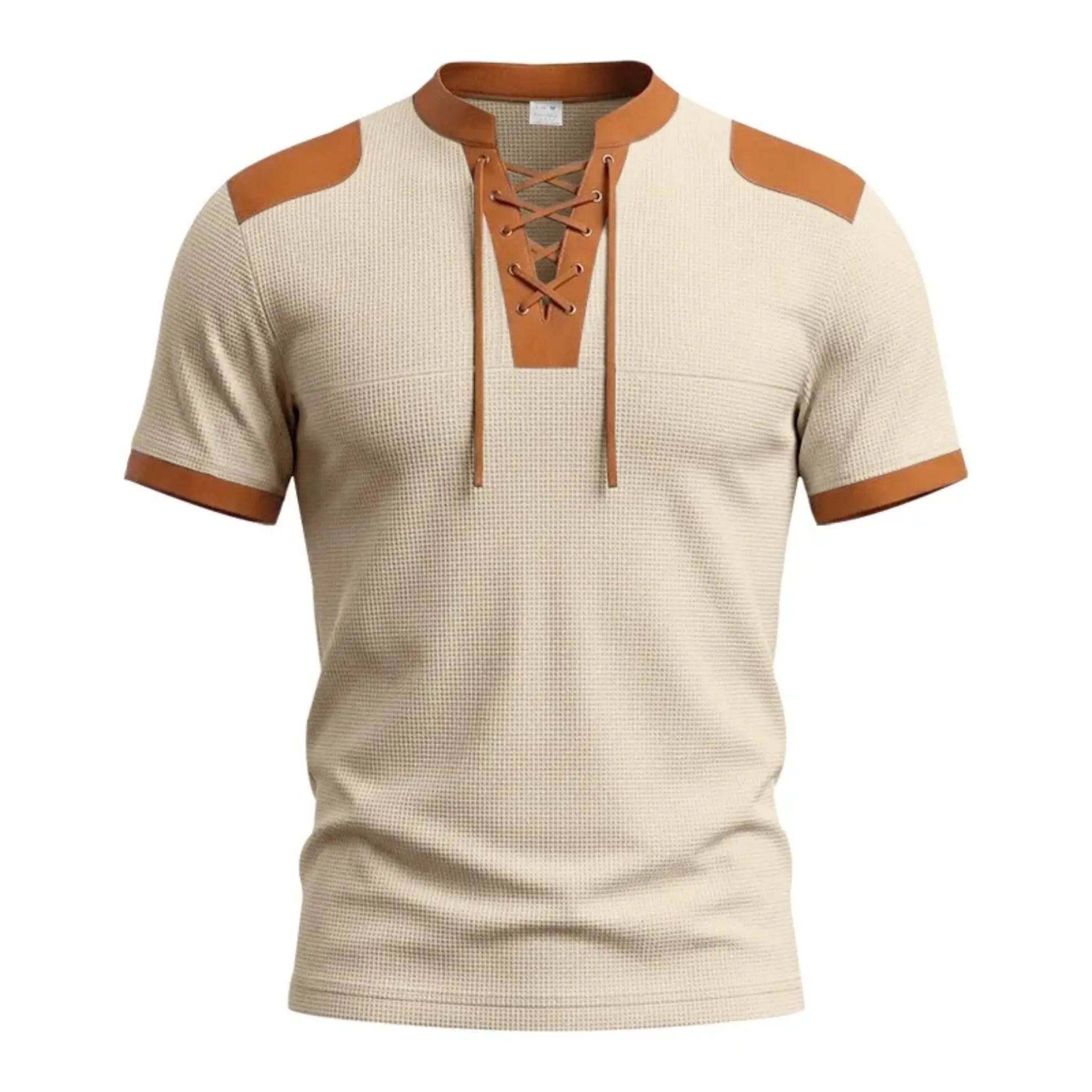 MannerCo apricot waffle knit pullover with brown leather-trim lace-up collar and shoulder patches, product display