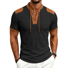 MannerCo black waffle knit color-block pullover with tan lace-up stand collar and shoulder panels, front view