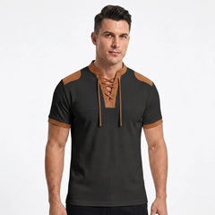 MannerCo black waffle knit color-block pullover with tan lace-up stand collar and shoulder patches, front view