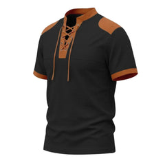 MannerCo black waffle knit pullover with tan lace-up collar, shoulder patches, and short sleeves, product display