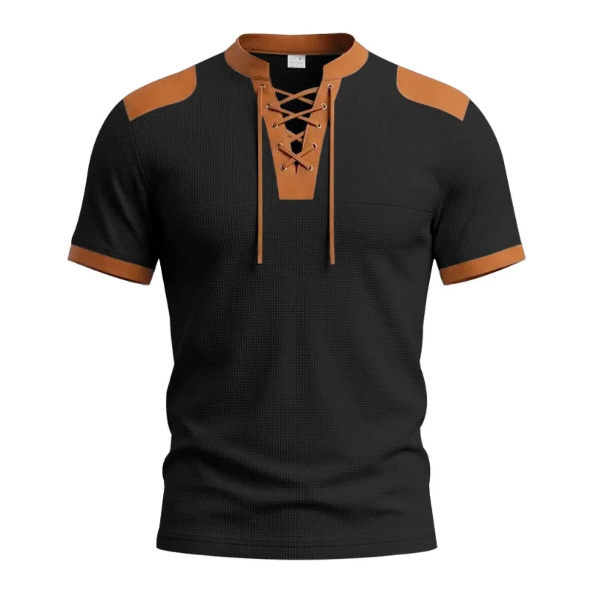 MannerCo black waffle knit pullover with tan lace-up collar, shoulder patches, and sleeve trim, product display