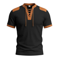 MannerCo black waffle knit pullover with tan lace-up collar, shoulder patches, and sleeve trim, product display