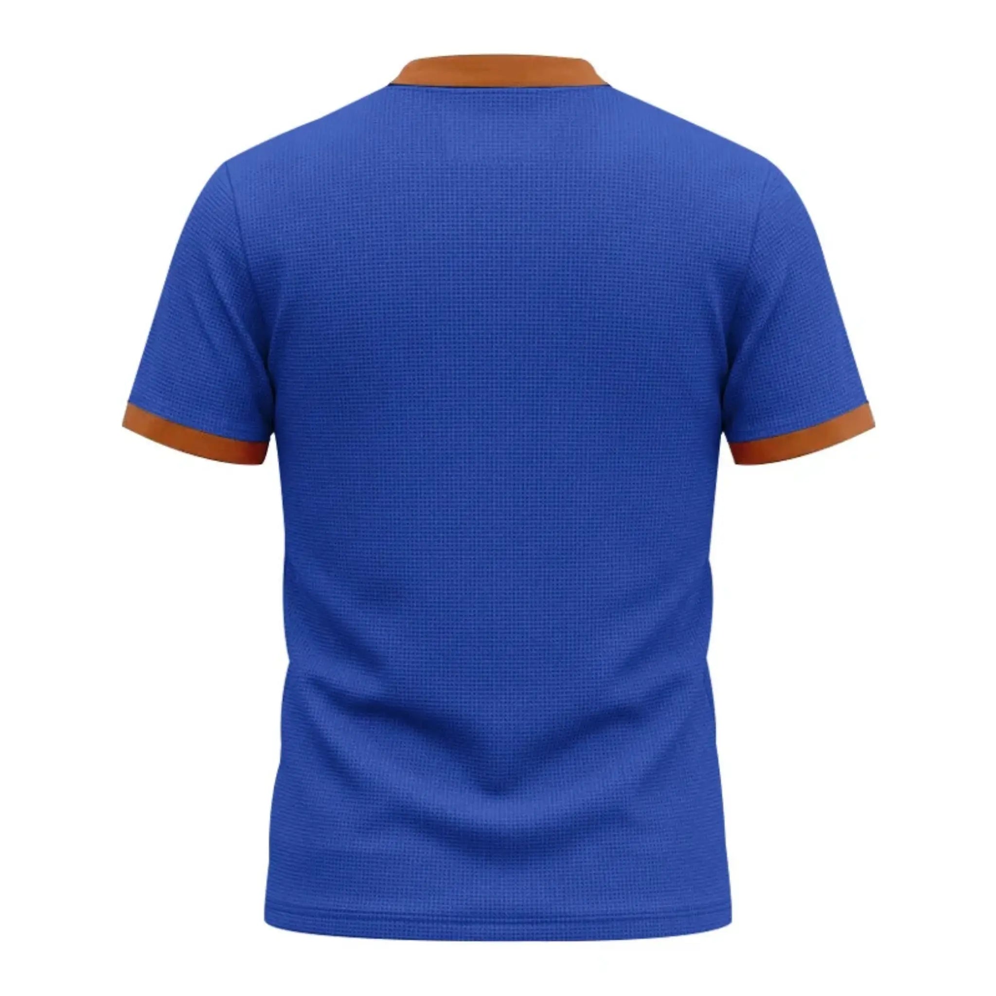 MannerCo blue waffle knit color-block pullover back view with orange collar and sleeve trim