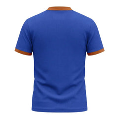 MannerCo blue waffle knit color-block pullover back view with orange collar and sleeve trim