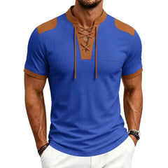 MannerCo blue waffle knit lace-up pullover with tan color-block collar, shoulders, and sleeve cuffs