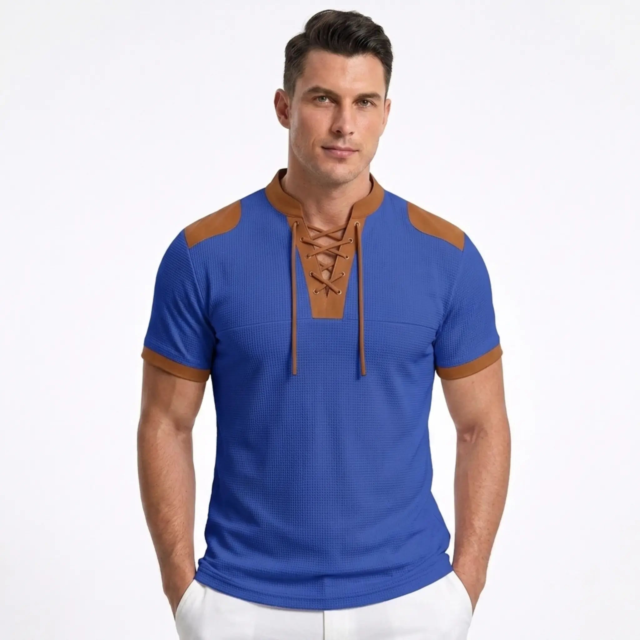 MannerCo blue waffle knit color-block pullover with brown lace-up stand collar and shoulder patches