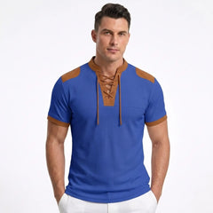 MannerCo blue waffle knit color-block pullover with brown lace-up stand collar and shoulder patches