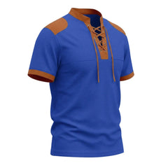 MannerCo blue waffle knit pullover with tan lace-up collar, shoulder patches, and short sleeves, product display