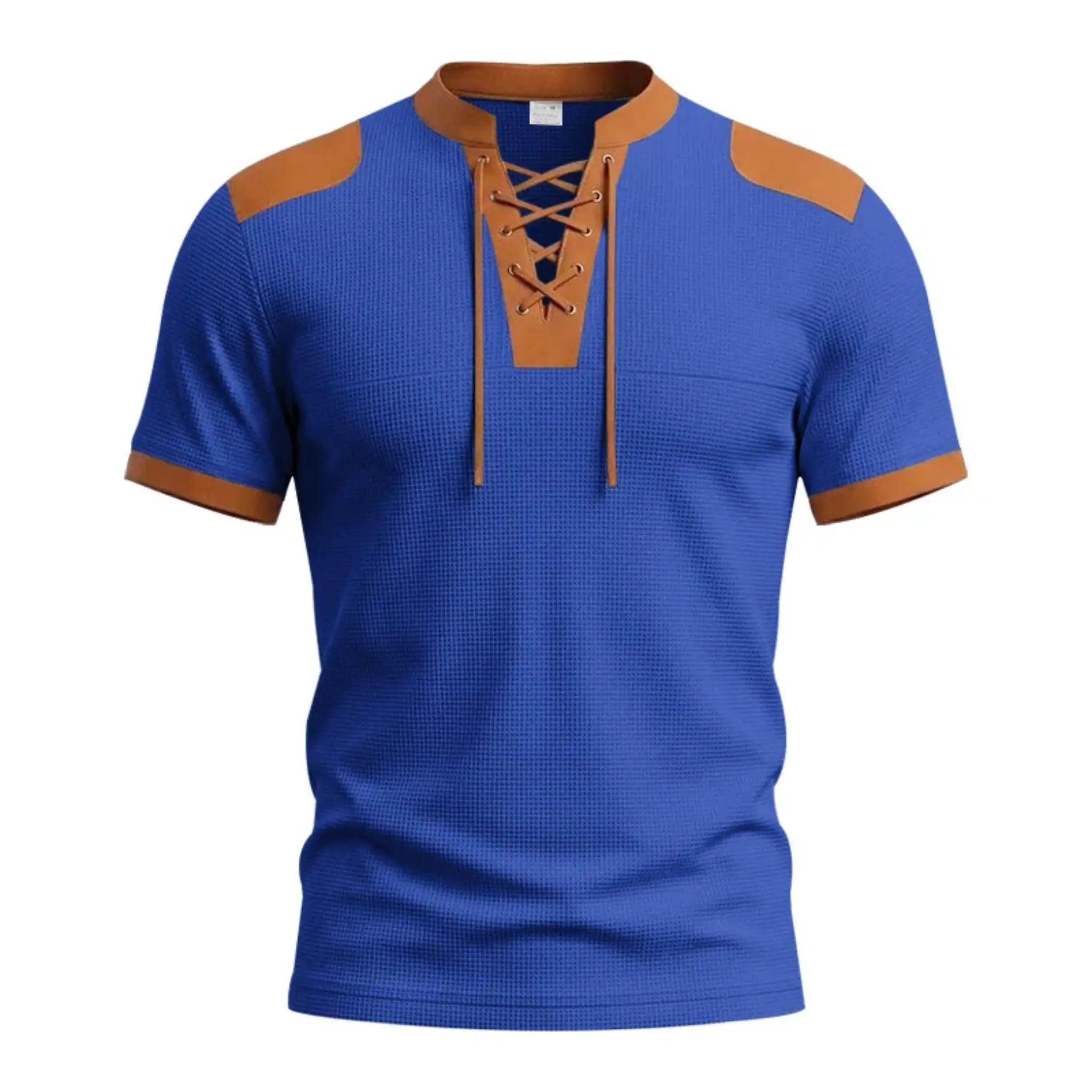 MannerCo blue waffle knit pullover with tan lace-up collar, shoulder patches, and short sleeves
