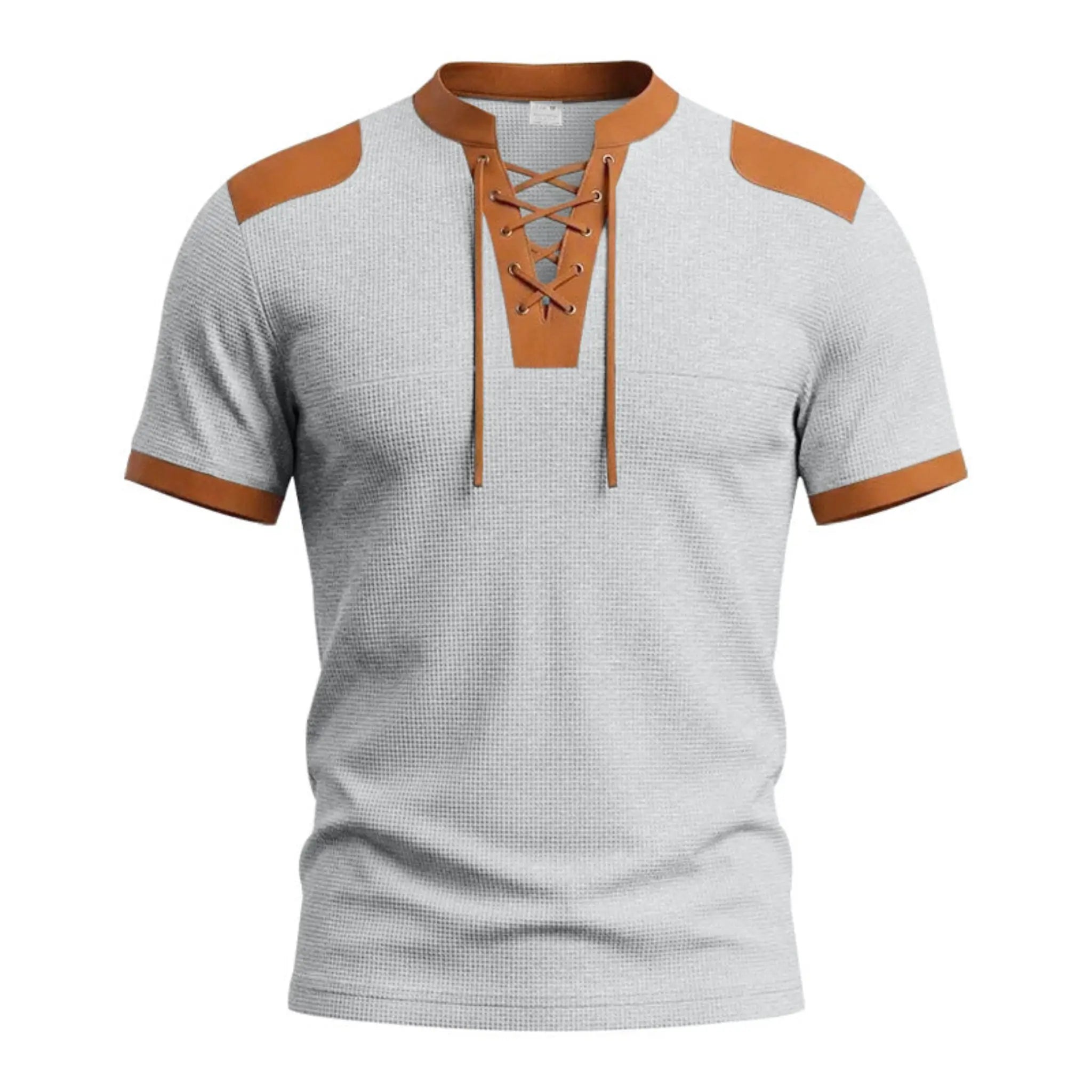 MannerCo light gray waffle knit lace-up pullover with tan color-block collar, shoulders, and sleeve cuffs
