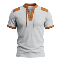 MannerCo light gray waffle knit lace-up pullover with tan color-block collar, shoulders, and sleeve cuffs