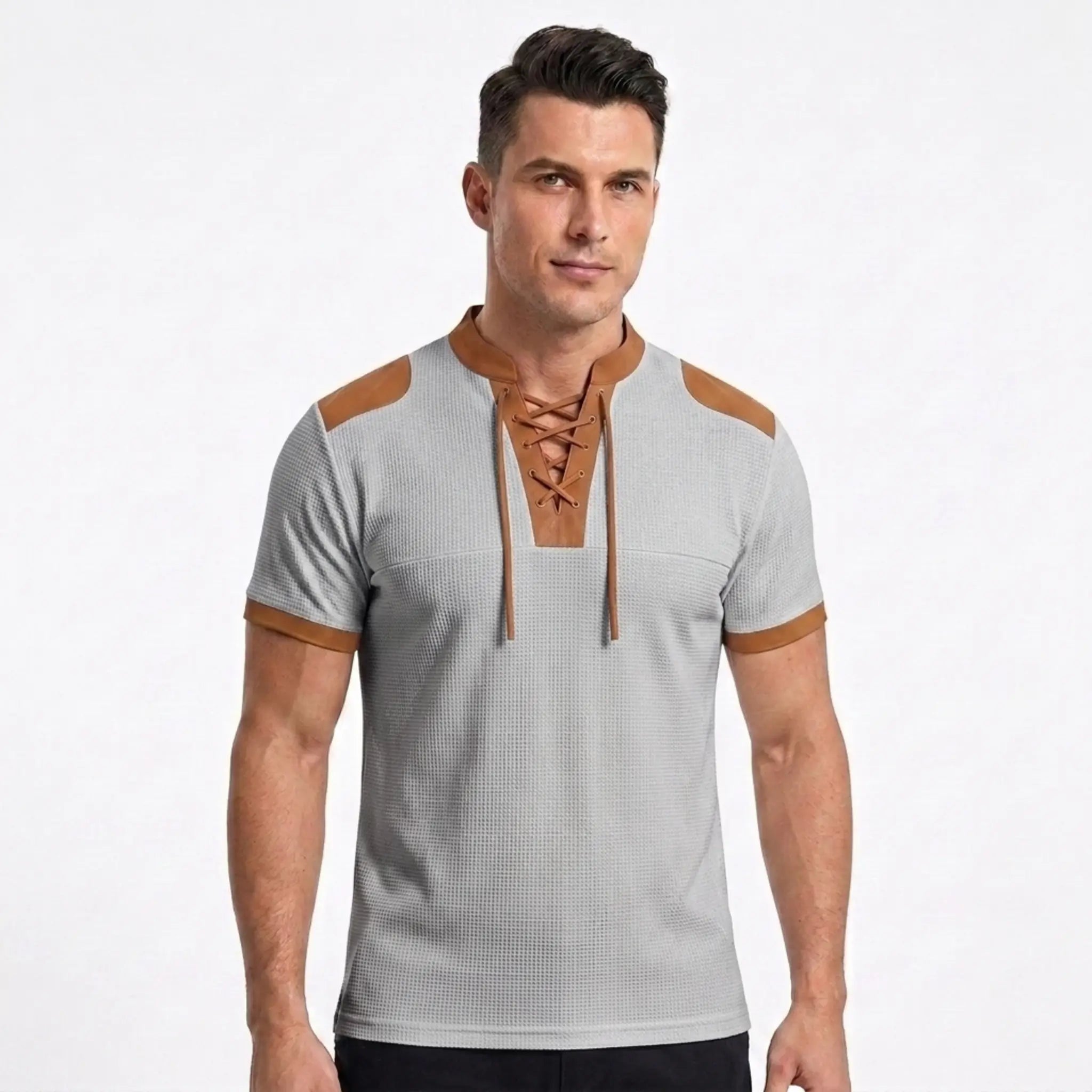 MannerCo light gray waffle knit pullover with brown lace-up collar and color-block shoulder detail, front view