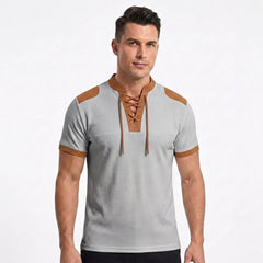 MannerCo light gray waffle knit pullover with brown lace-up collar and color-block shoulder detail, front view