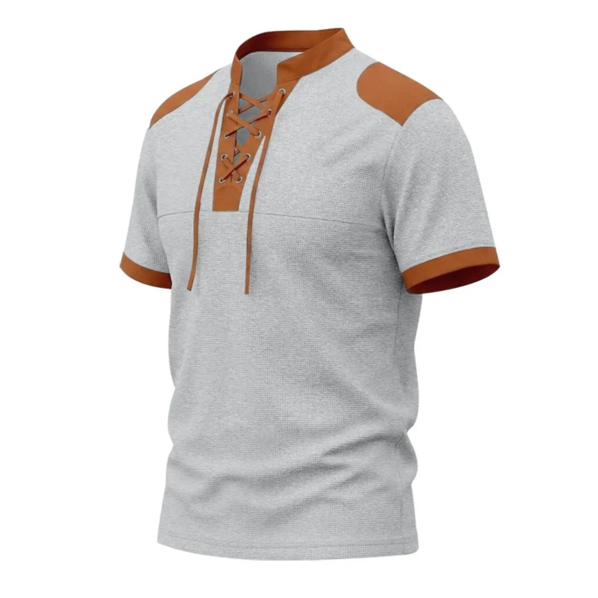 MannerCo light gray waffle knit pullover with brown lace-up stand collar and color-block accents, product display