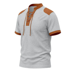 MannerCo light gray waffle knit pullover with brown lace-up stand collar and color-block accents, product display