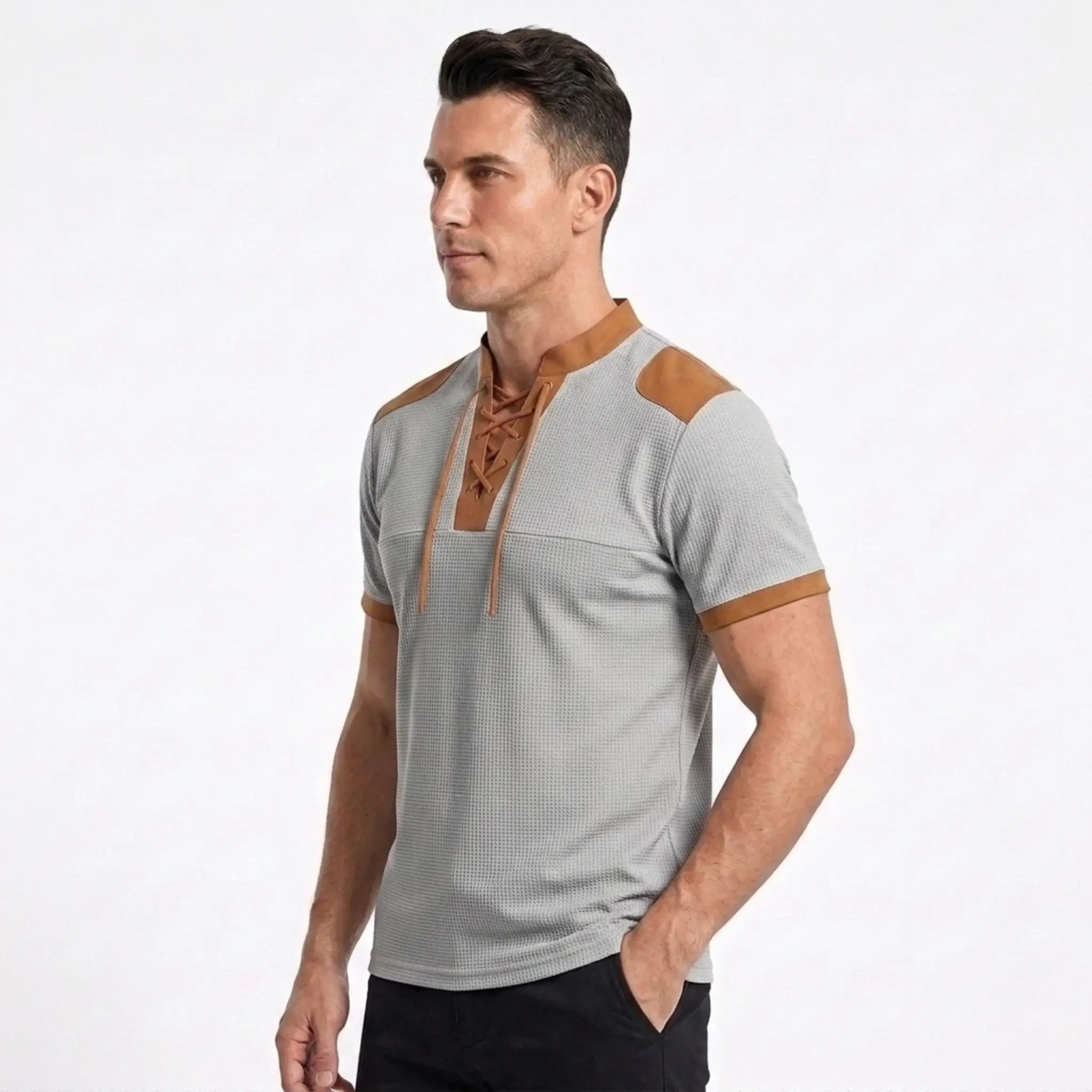 MannerCo light gray waffle knit lace-up pullover with tan color-block stand collar and shoulder patches, side view