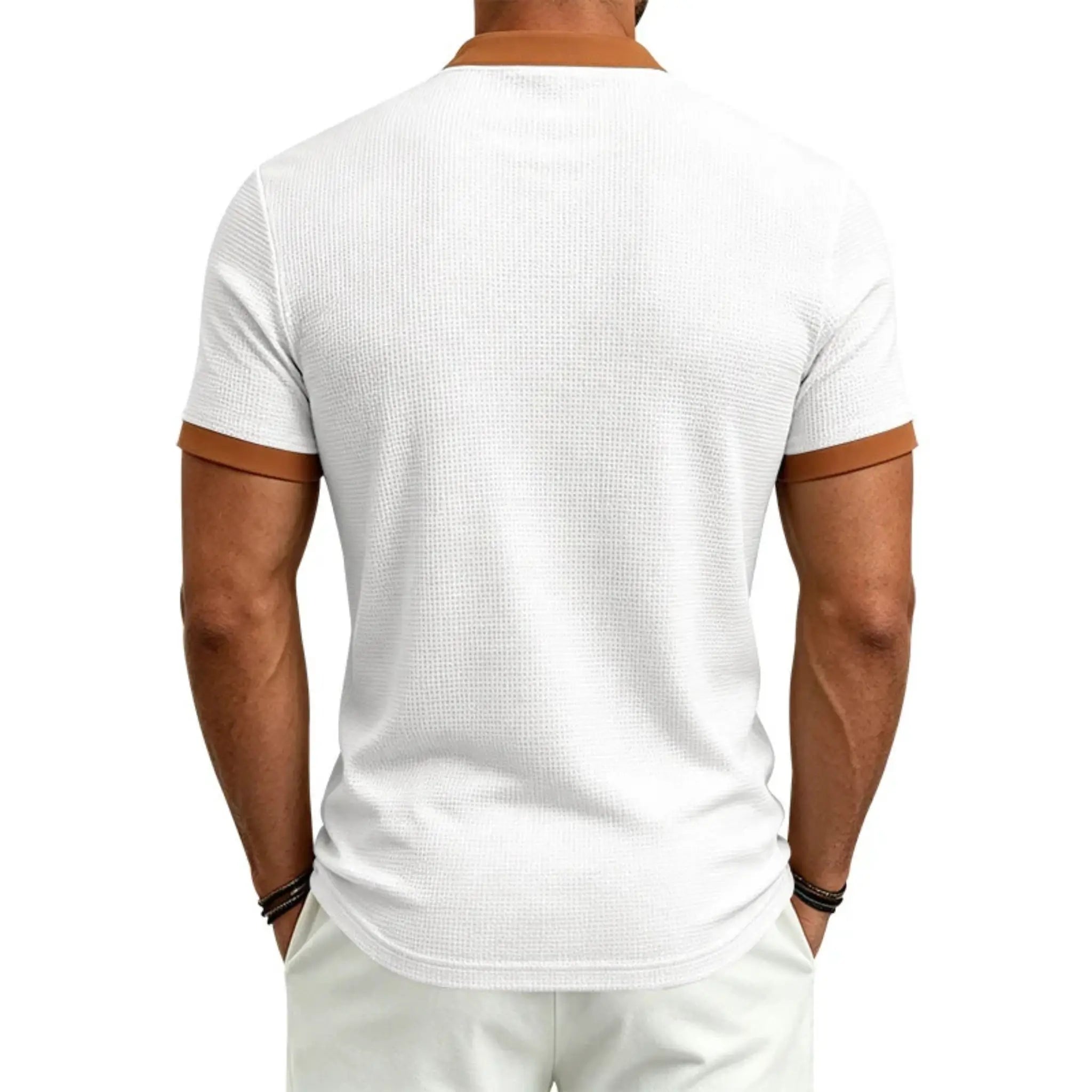 MannerCo white waffle knit color-block pullover back view with brown collar and sleeve trim