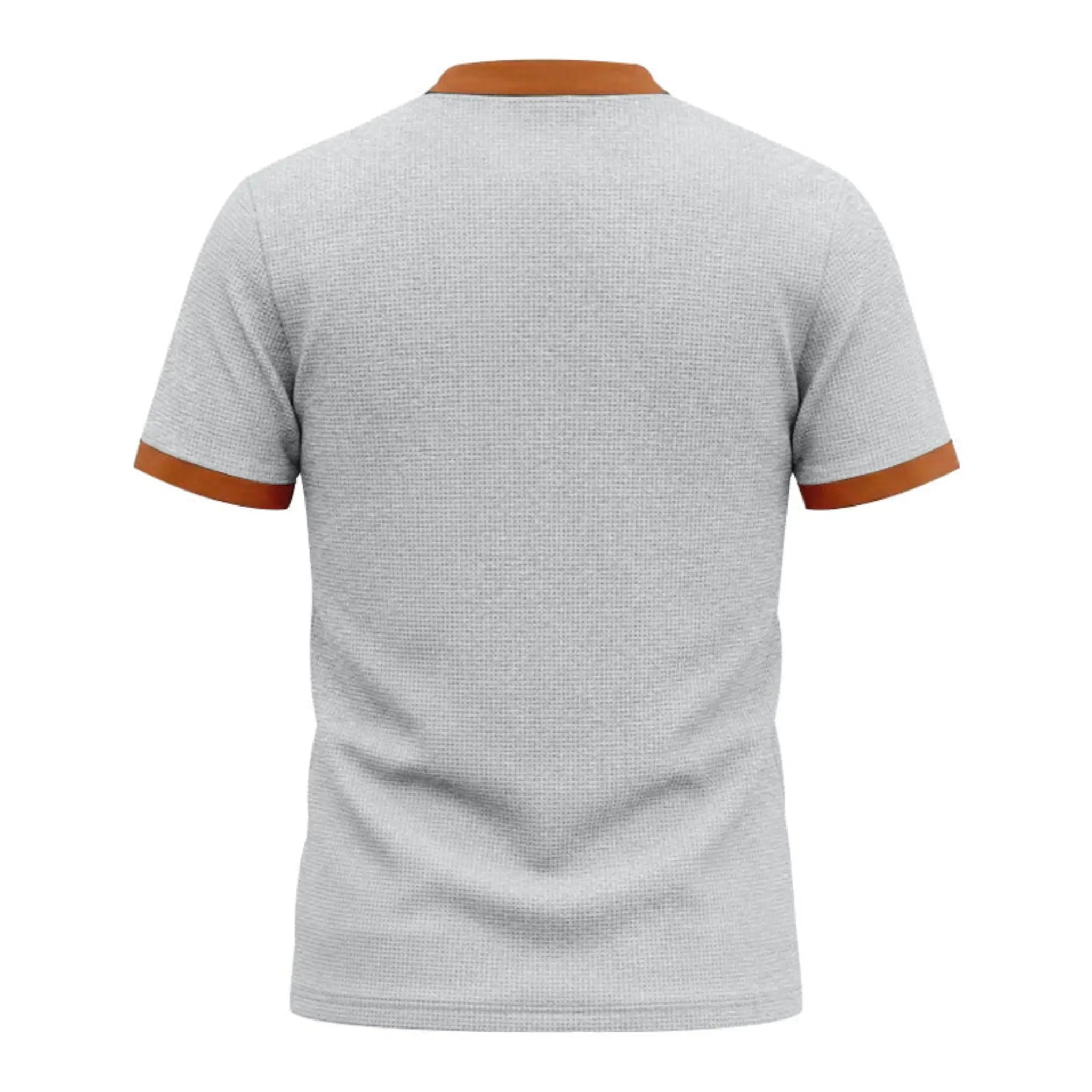 MannerCo waffle knit pullover back view, white with burnt orange contrast collar and sleeve cuffs
