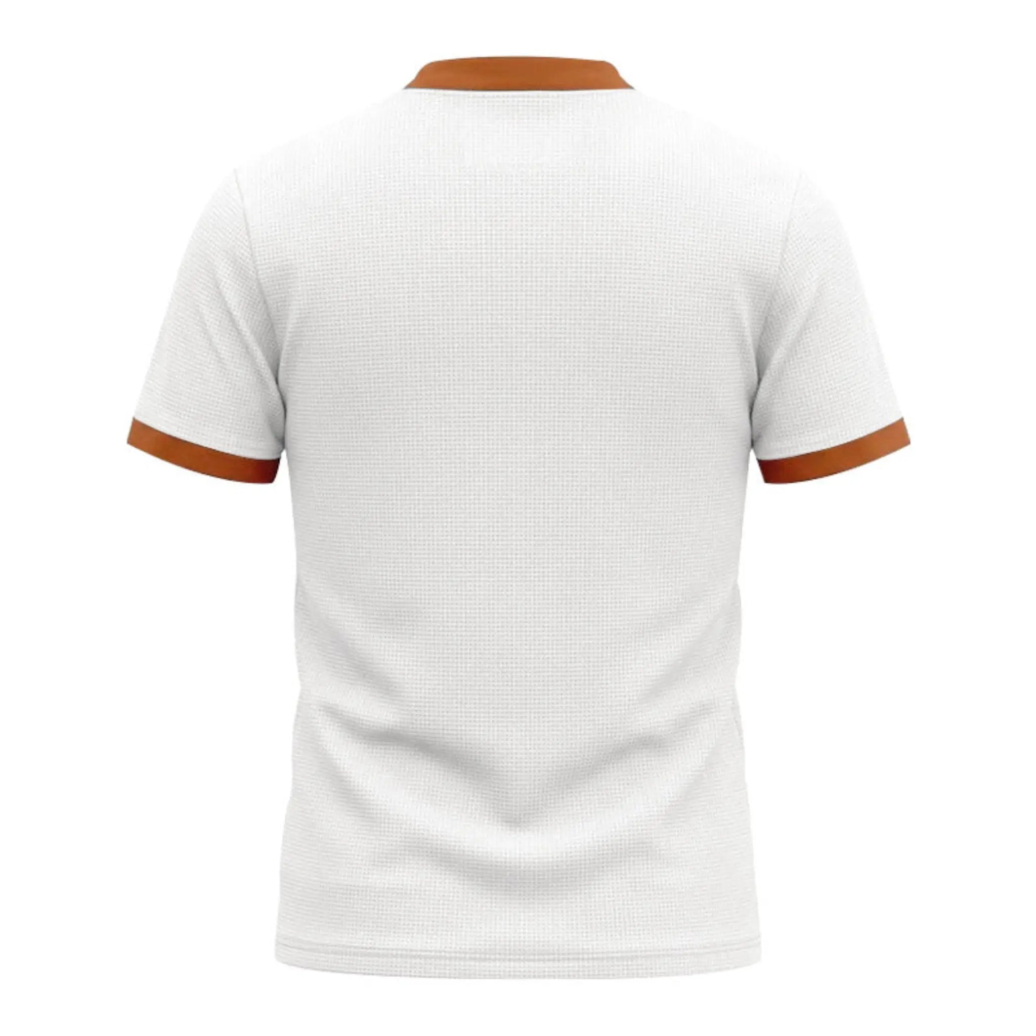 MannerCo white waffle knit pullover back view with orange stand collar and sleeve trim