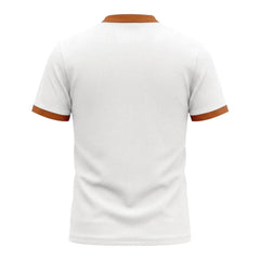 MannerCo white waffle knit pullover back view with orange stand collar and sleeve trim