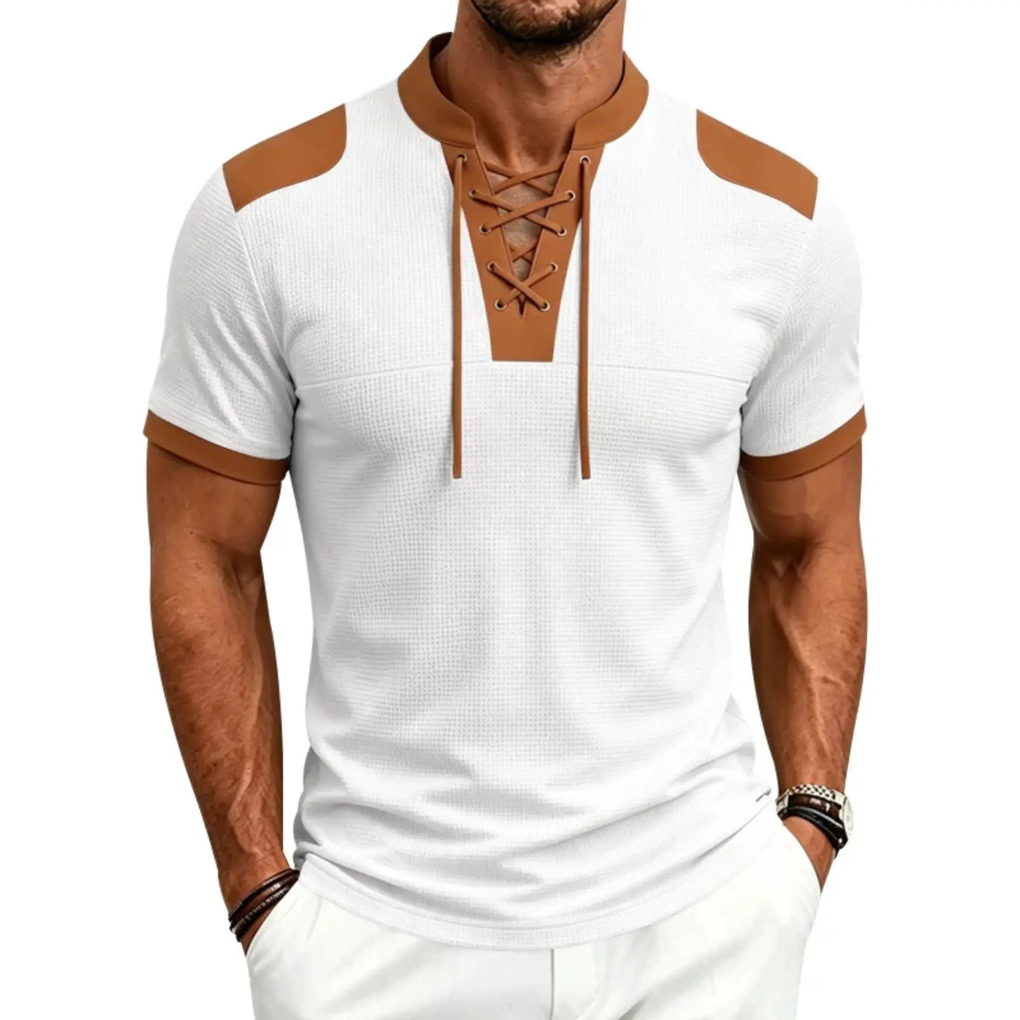 MannerCo white waffle knit color-block pullover with brown lace-up stand collar and shoulder panels