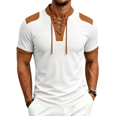 MannerCo white waffle knit color-block pullover with brown lace-up stand collar and shoulder panels