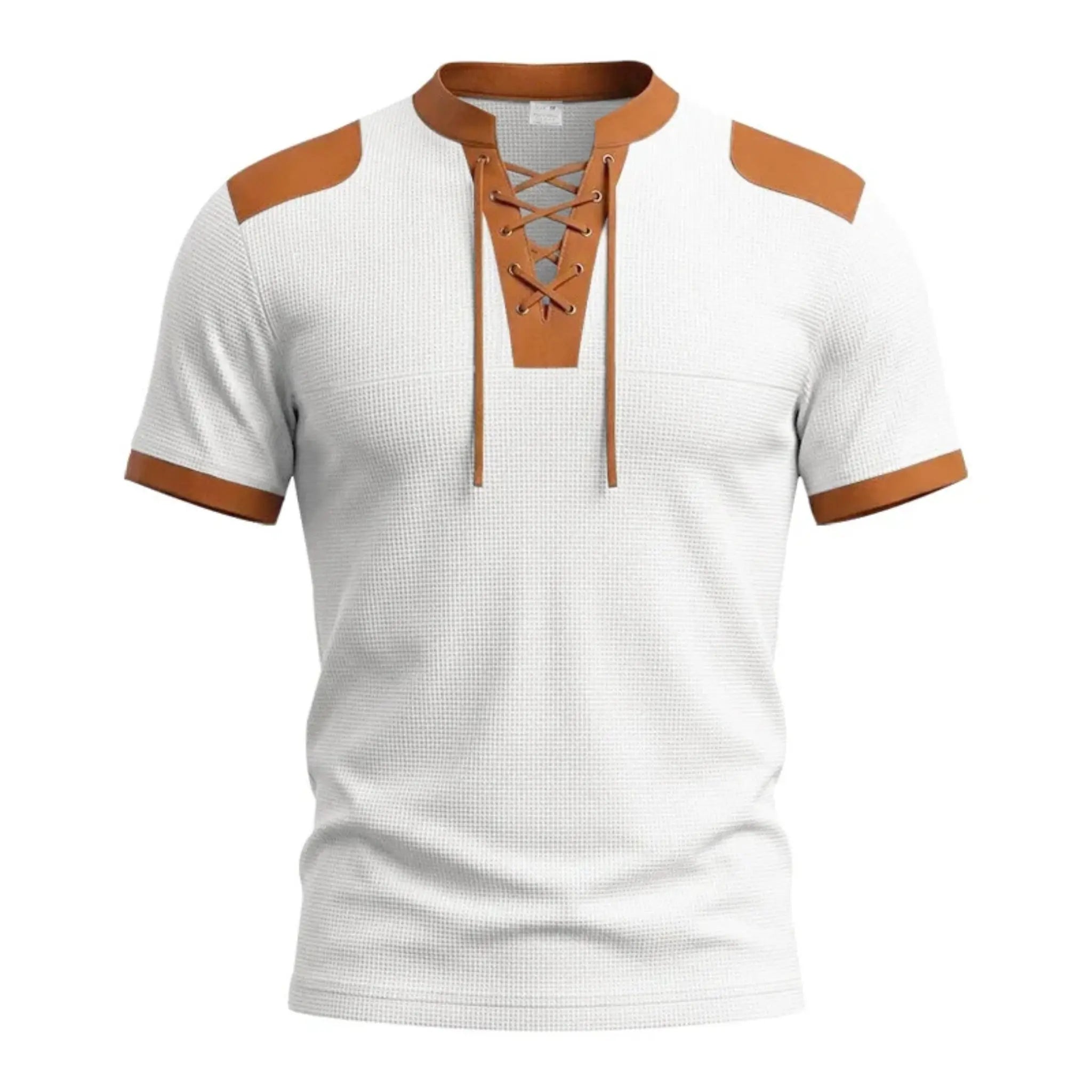 MannerCo white waffle knit pullover with tan lace-up collar and color-block shoulder patches, front view