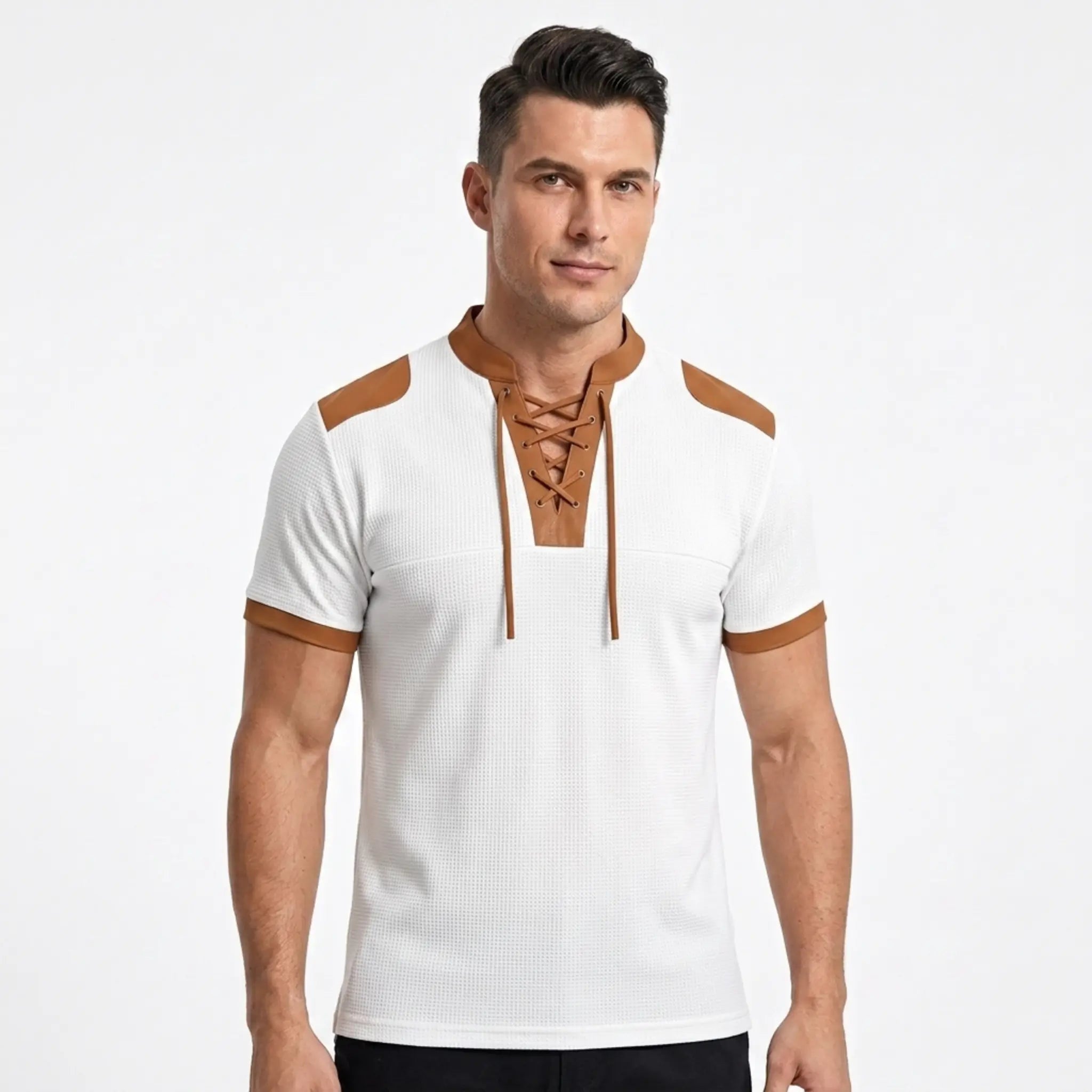 MannerCo white waffle knit color-block pullover with tan lace-up collar and shoulder patches, front view