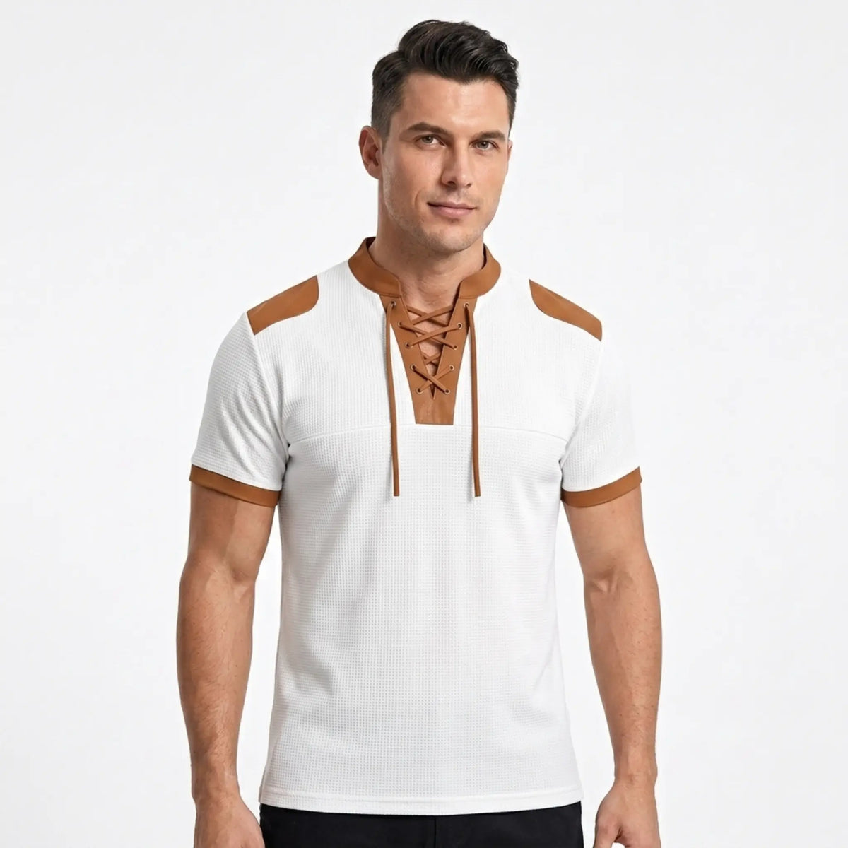 MannerCo white waffle knit color-block pullover with tan lace-up collar and shoulder patches, front view