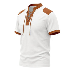 MannerCo white waffle knit color-block pullover with tan lace-up stand collar and short sleeves
