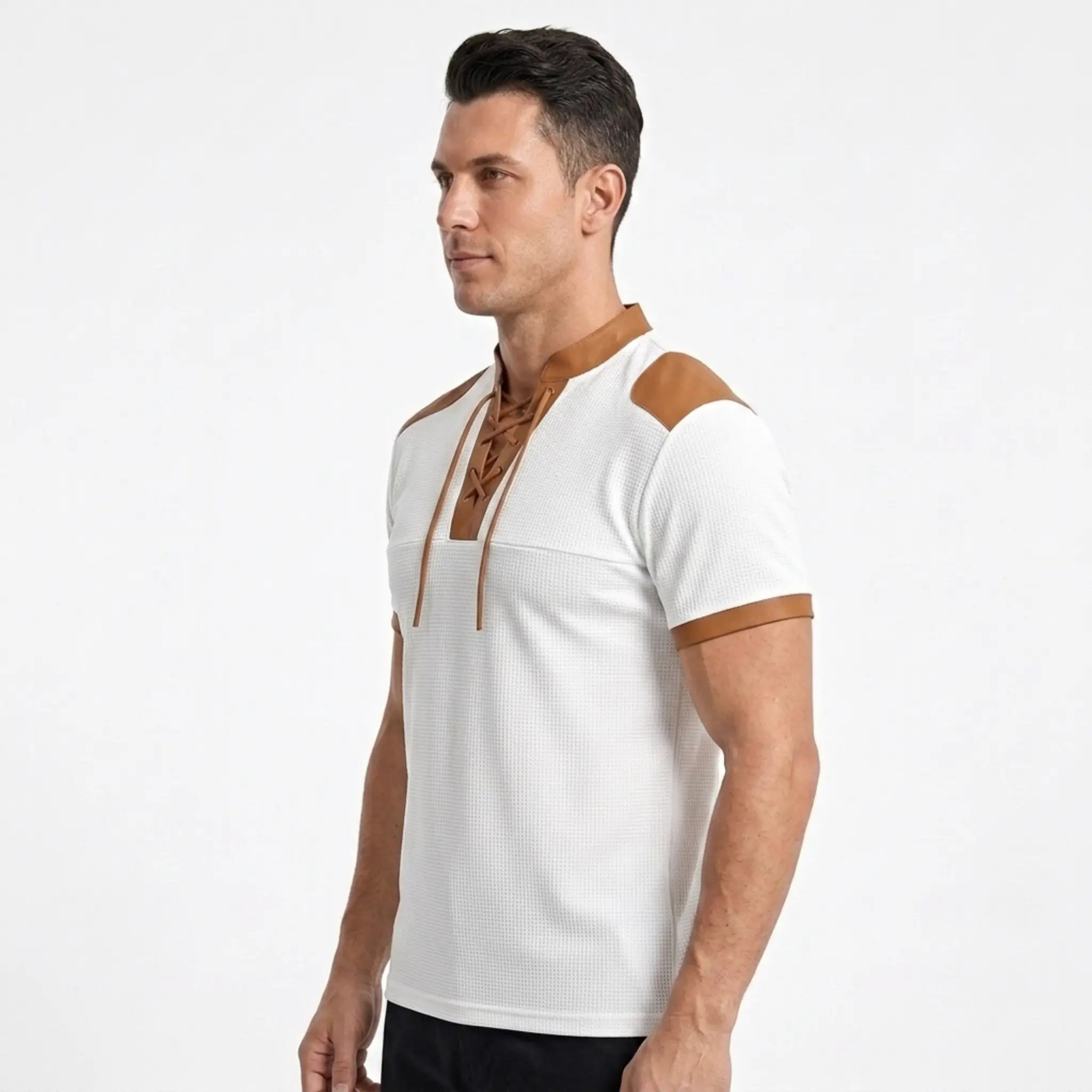 MannerCo white waffle knit color-block pullover with tan lace-up stand collar and shoulder patches, side view