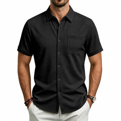 Color Block Waffle Knit Shirt - Short Sleeve Loose Fit Casual Shirt