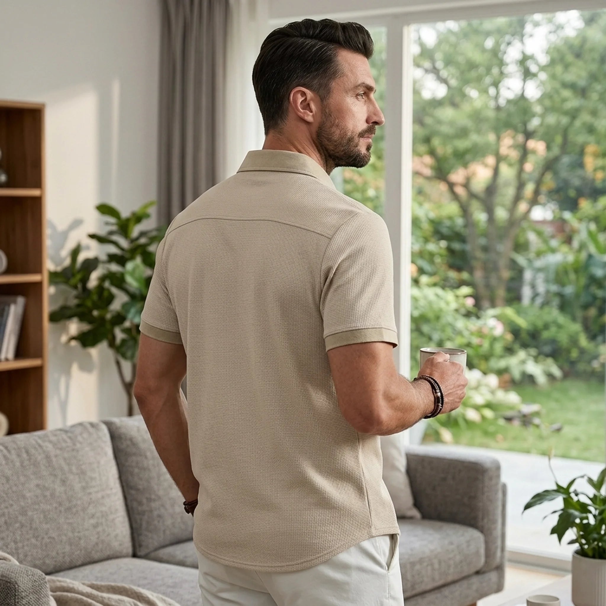 Man in khaki waffle knit polo shirt gazes out window holding coffee cup in bright modern living room