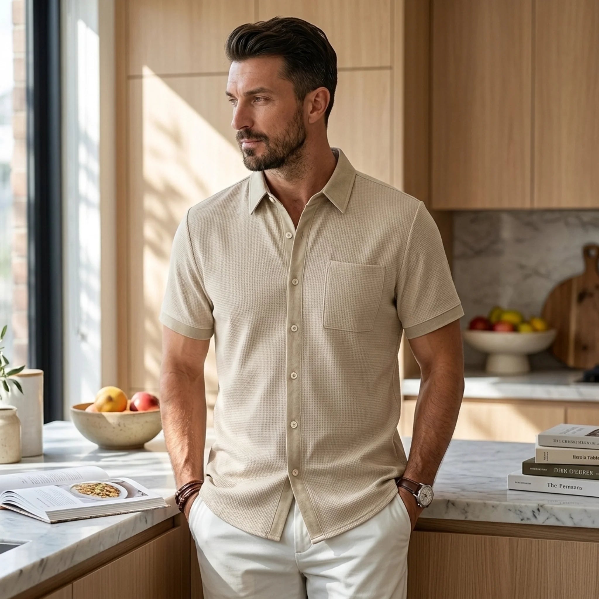 Man in khaki waffle knit short sleeve shirt with lapel collar standing in modern kitchen