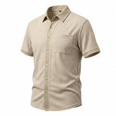 Color Block Waffle Knit Shirt - Short Sleeve Loose Fit Casual Shirt
