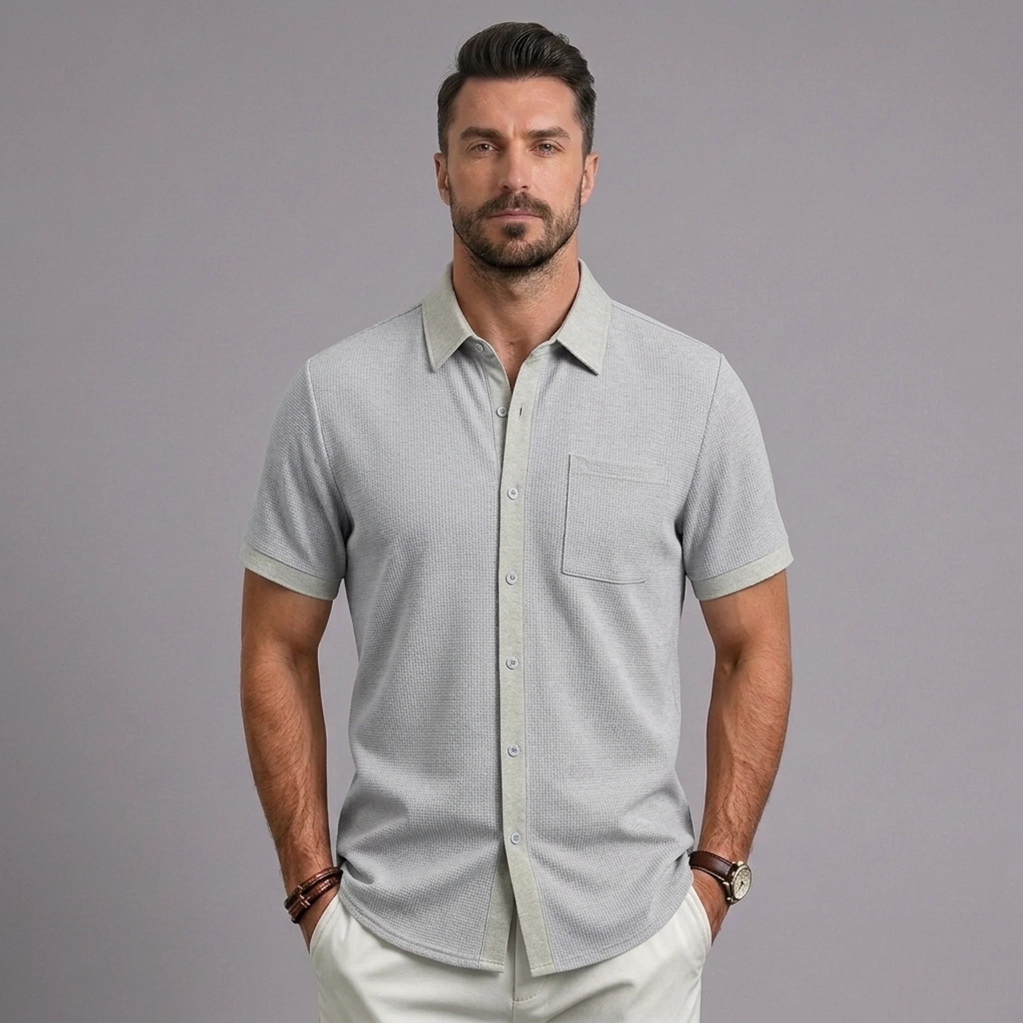 Man wearing MannerCo light gray waffle knit short sleeve casual shirt with lapel collar and chest pocket