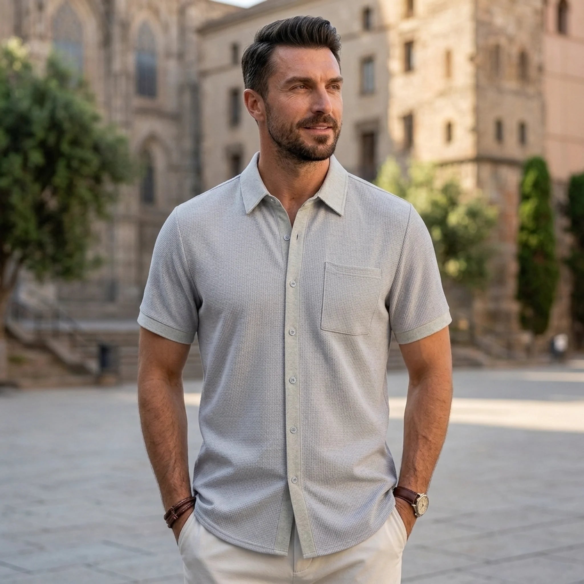 Man wearing light gray waffle knit short sleeve shirt outdoors near stone building