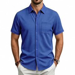 Color Block Waffle Knit Shirt - Short Sleeve Loose Fit Casual Shirt