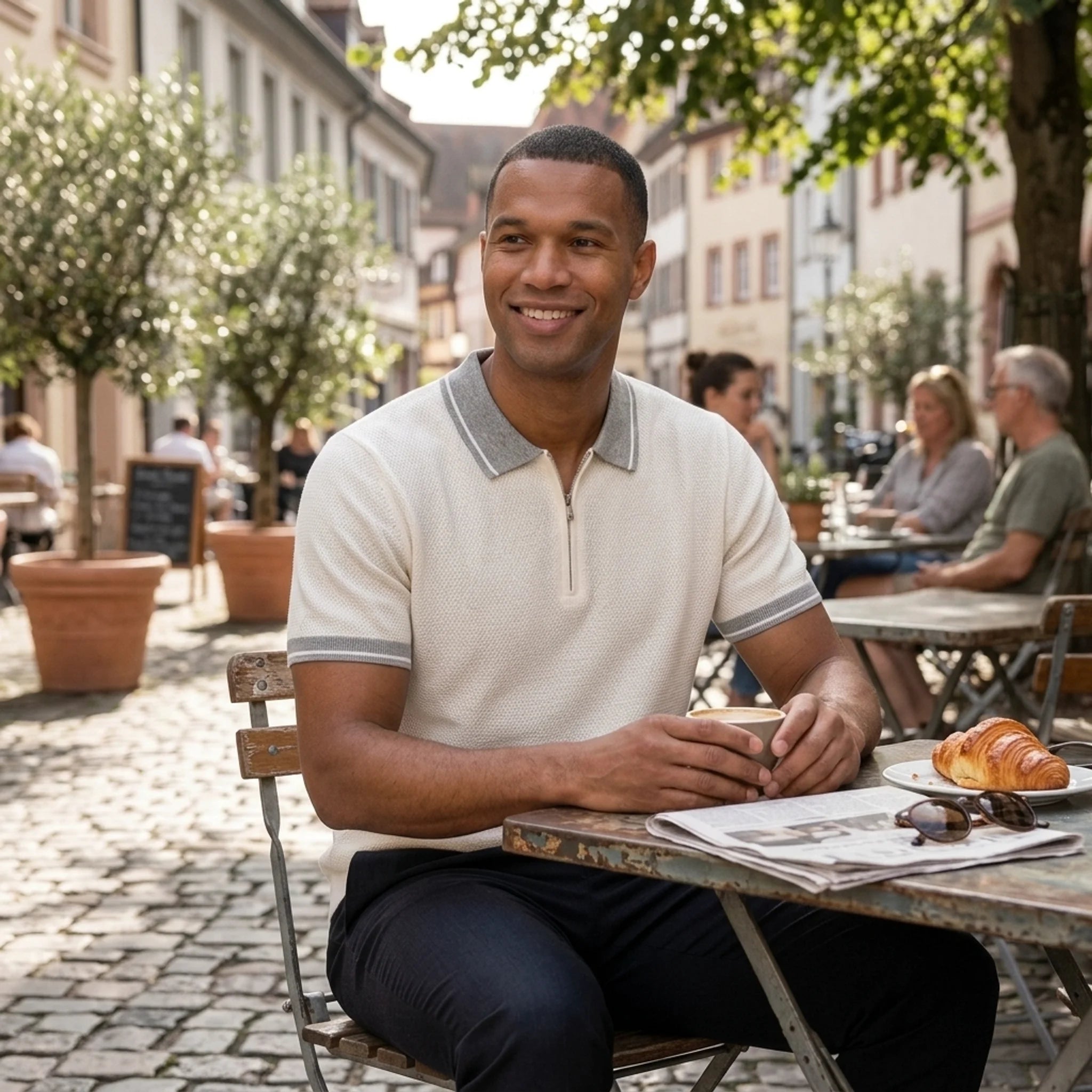 Man wearing white color block knit polo shirt in outdoor lifestyle setting