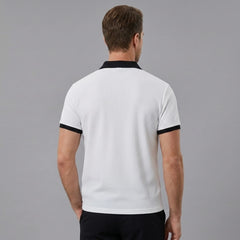 Back view of man wearing white color block waffle polo shirt